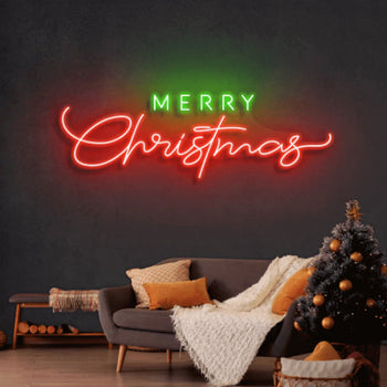 Red and green neon sign saying 'Merry Christmas' on a dark wall above a cozy living room setup.